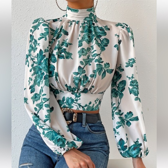 Boho Floral Print Tie Backless Open Back Bishop Sleeve Crop Top Blouse Shirt - Picture 5 of 6
